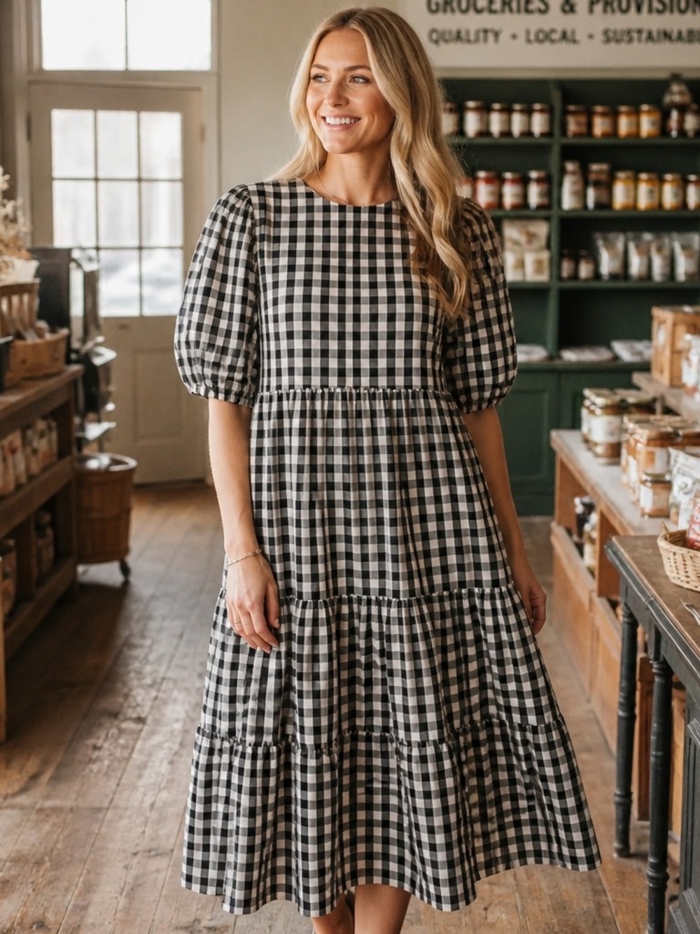moodie Black & White Gingham Puff-Sleeve Midi Dress